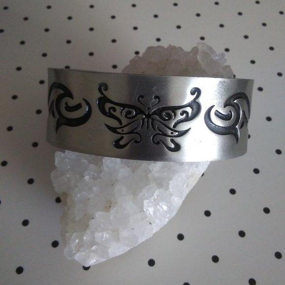 Tribal Celtic Butterfly Punk Goth Viking Wide Cuff Bracelet Silver Pewter - Picture 1 of 10